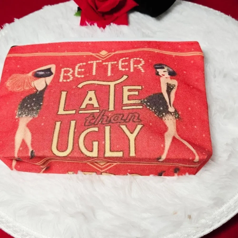 “Better Late Than Ugly” Makeup Bag Red Flapper Girls Retro Funny Zipper Pouch